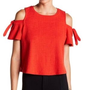 Madewell Red Crop Blouse with Flutter Sleeves and Tie Front